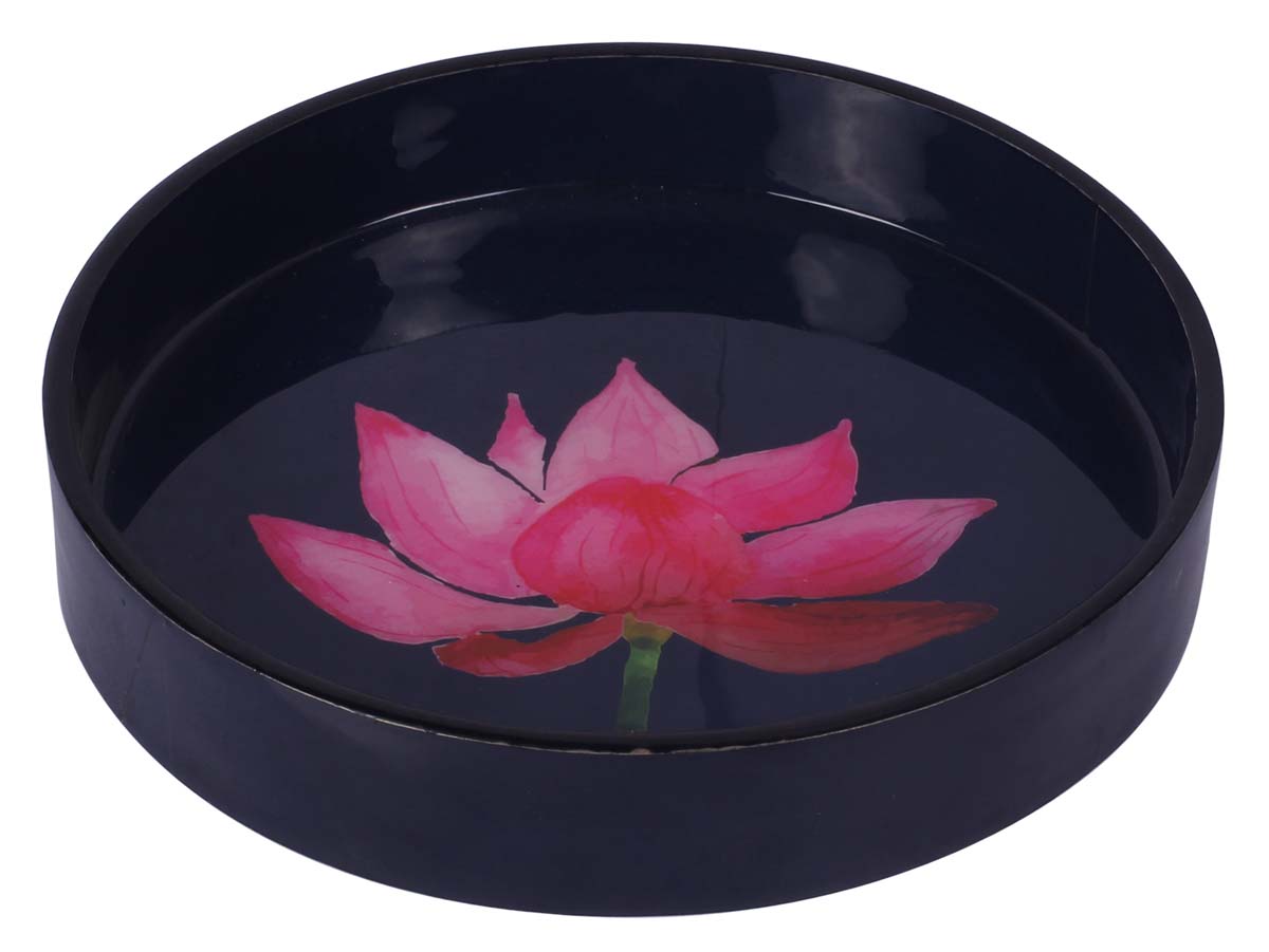 Buy in Bulk Wholesale Round Tray in MDF 9” Decorative with Enamel Work in Floral Pattern - Black & Pink - Accessory Organizer/Home Essentials/Decor